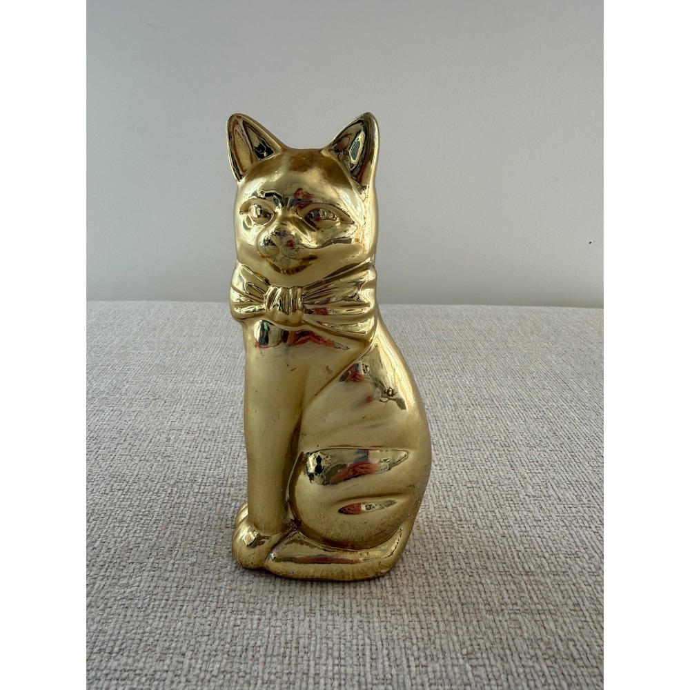 Vintage Brass Cat Figurine 7.5" Seated Kitty Ribbon Bow Tie Made In China